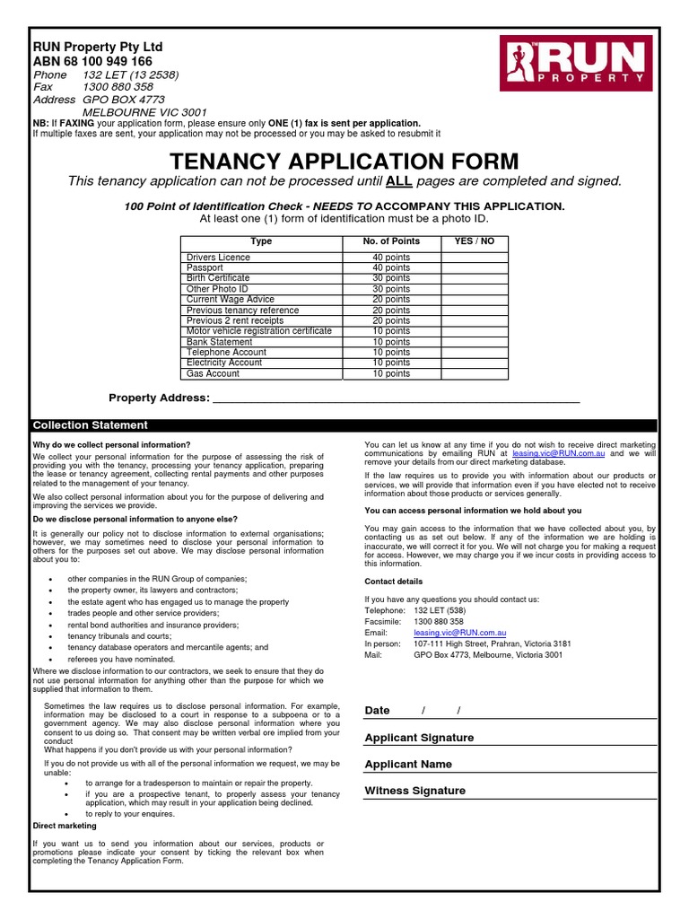 Rental Application Form VIC Lease Leasehold Estate