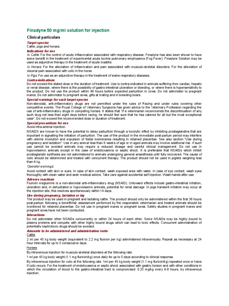 Finadyne Injection Guidelines for Animals | PDF | Nonsteroidal Anti ...