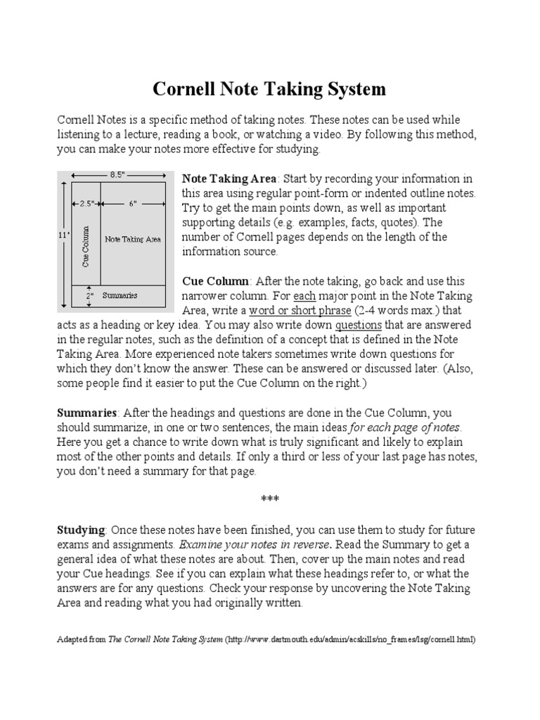 Cornell Note Taking System | PDF