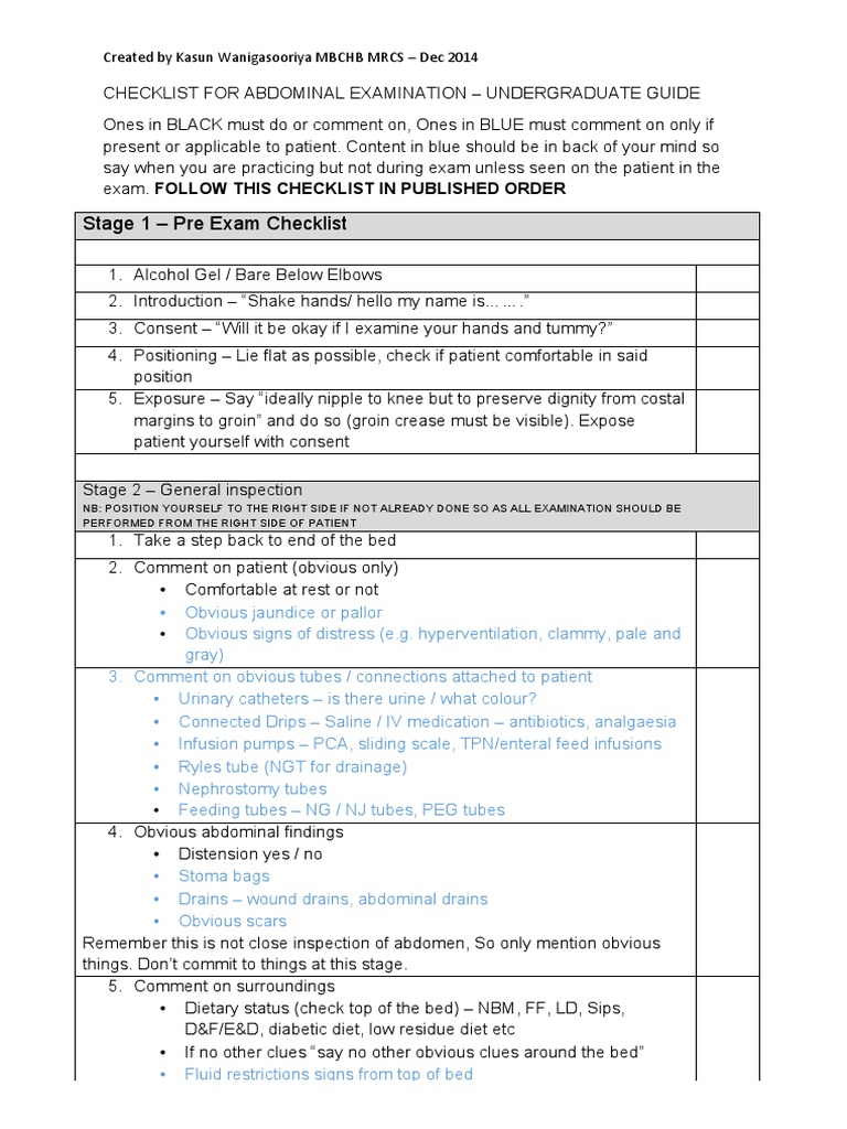 Abdominal Examination Checklist PDF Abdomen Medical Specialties
