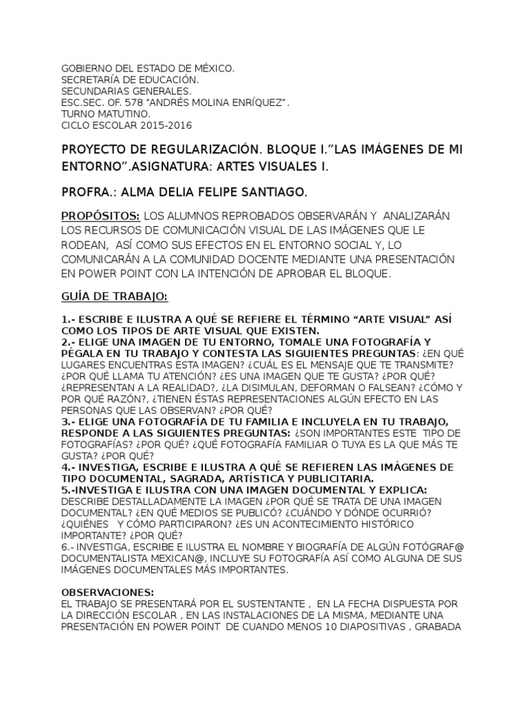 Artes Visuales I. Proyecto de Recuperación. | PDF | Artes (general) |  Escuelas