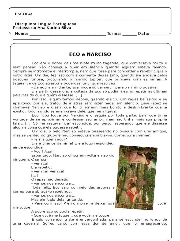 Interpretação de Texto - Eco e Narciso | PDF | Mitologia grega | Grécia  Antiga, image size:768x1024