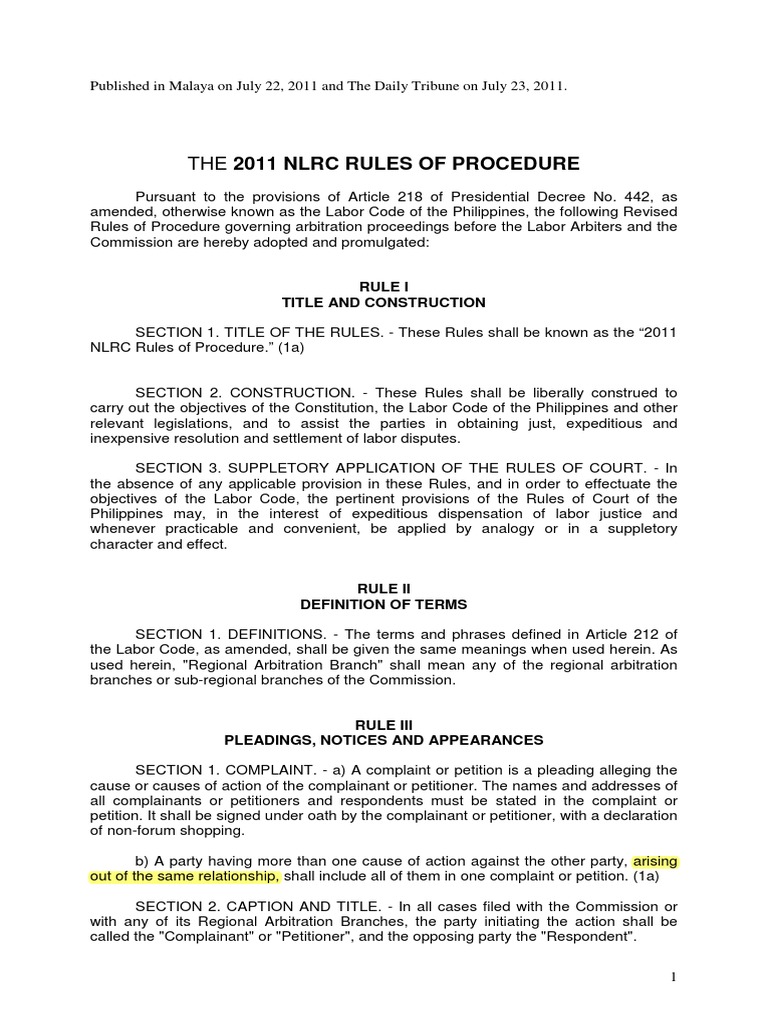 2011 NLRC Rules | PDF | Arbitration | Pleading