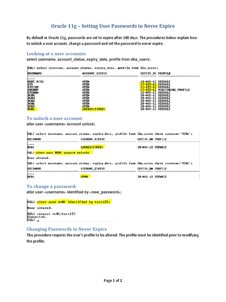 Oracle 11g: Passwords Never Expire Guide | PDF | Technology & Engineering