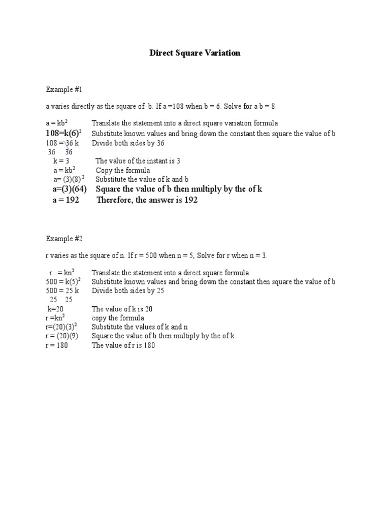 Direct Square Variation | PDF | Teaching Mathematics | Mathematical ...