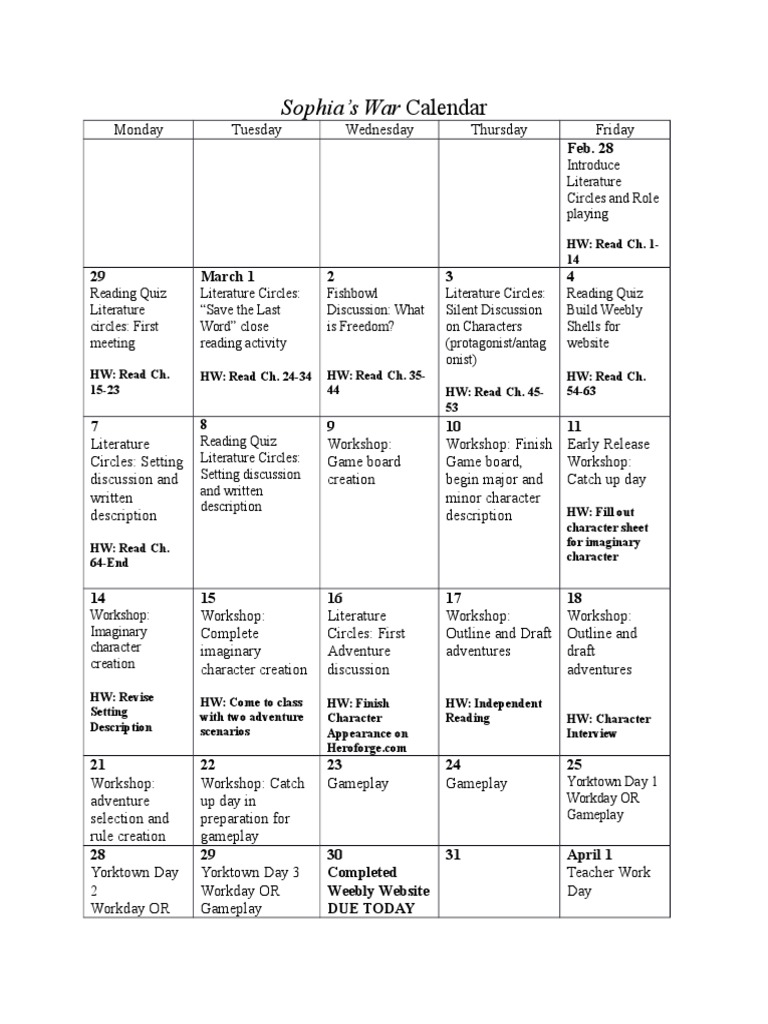Sophias War Calendar 1 | PDF