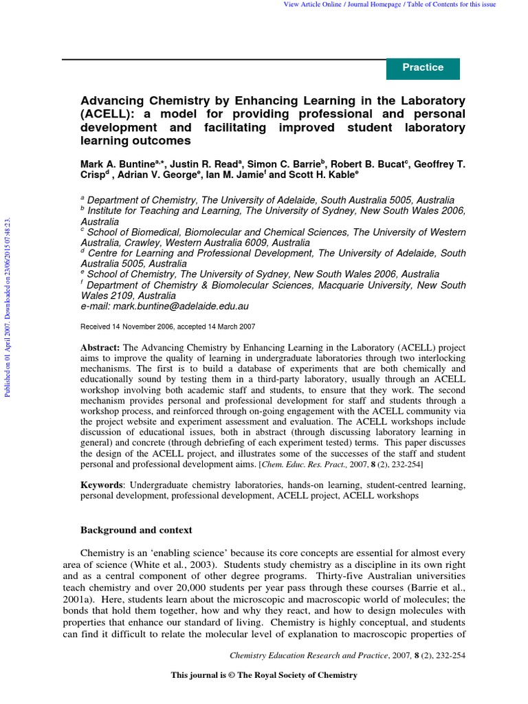 Advancing Chemistry by Enhancing Learning in The Laboratory (ACELL) A ...