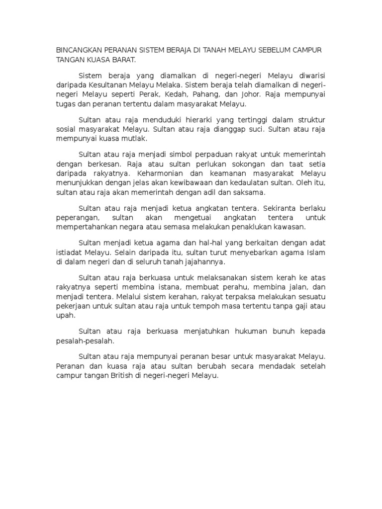 Bincangkan Peranan Sistem Beraja Di Tanah Melayu Sebelum Campur 
