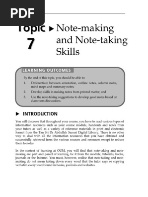 Topic 7 Note Making & Note Taking Skills
