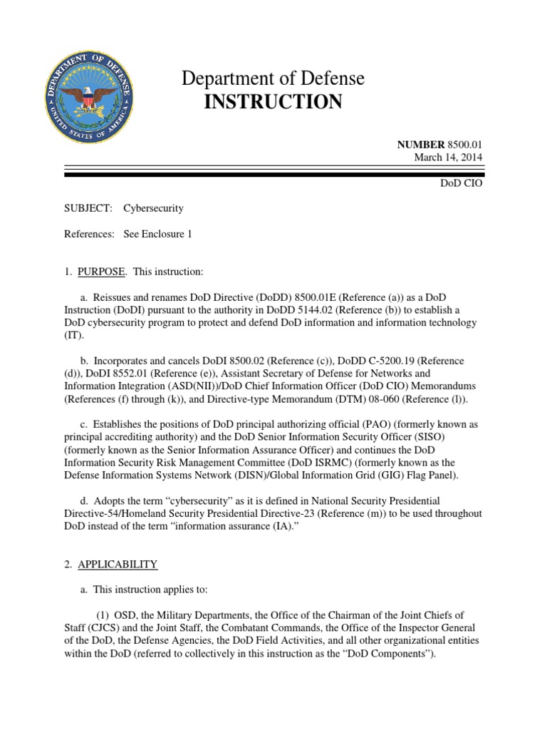 DoD Cybersecurity Instruction 8500.01 | PDF | United States Department ...