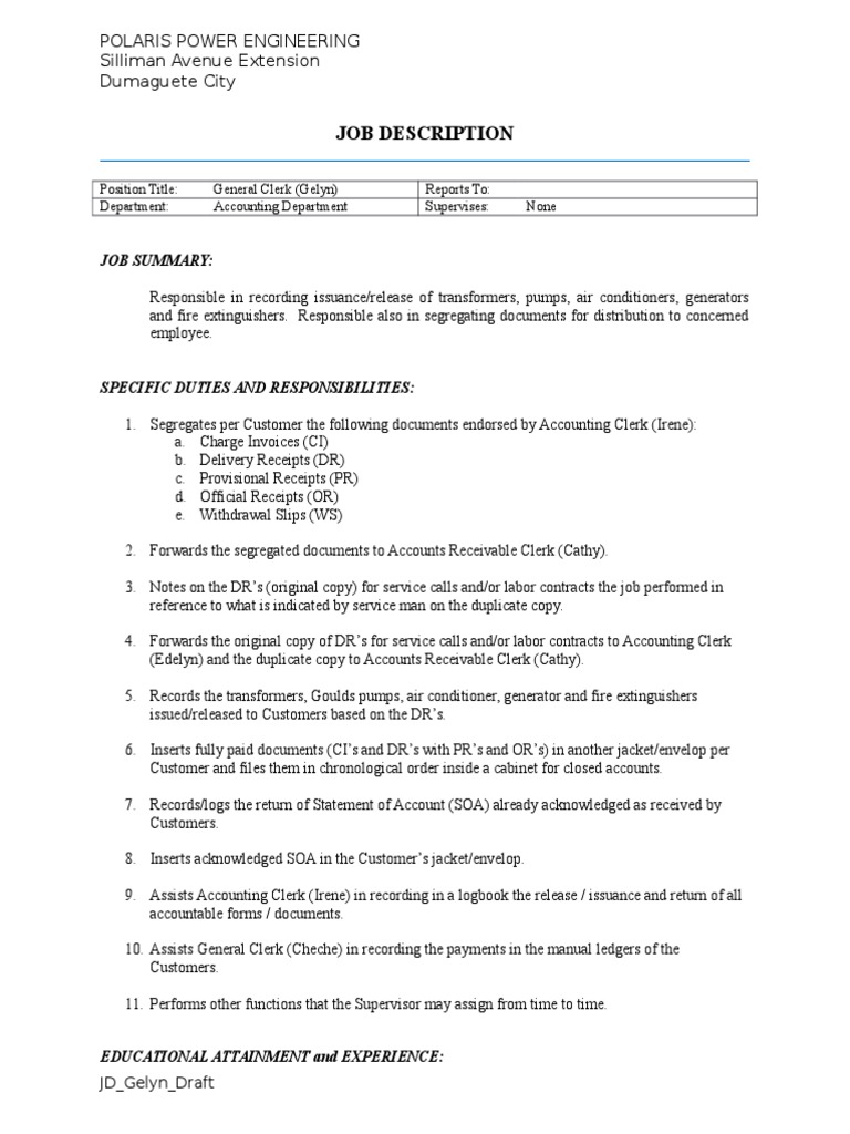 Job Description Polaris Power Engineering Silliman Avenue Extension
