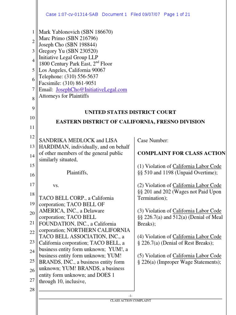 Taco Bell Court Complaint PDF Overtime Class Action