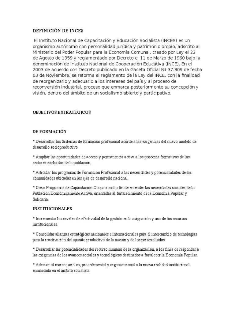 Definición y Funciones del INCES | PDF | Recursos humanos | Venezuela