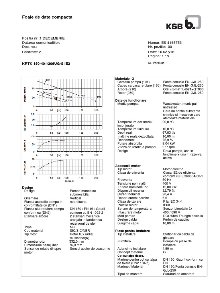 KSB KRTK 150-401 Submersible Pump Data | PDF | Technology & Engineering