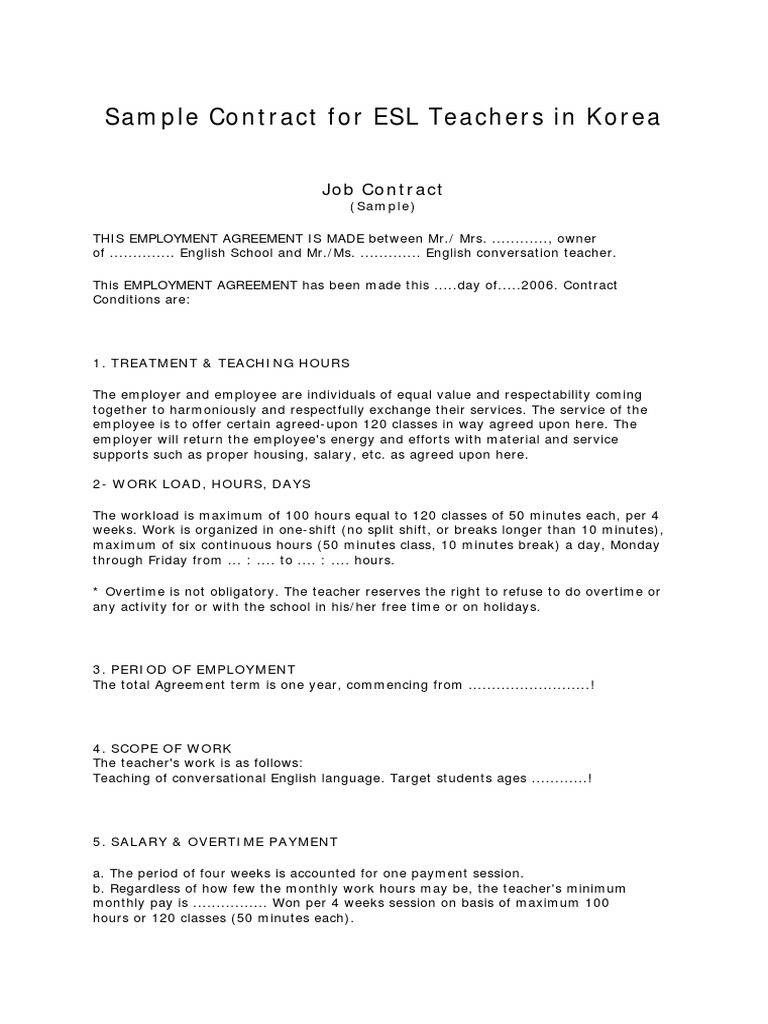 Sample Contract Private School 2 PDF Overtime Employment