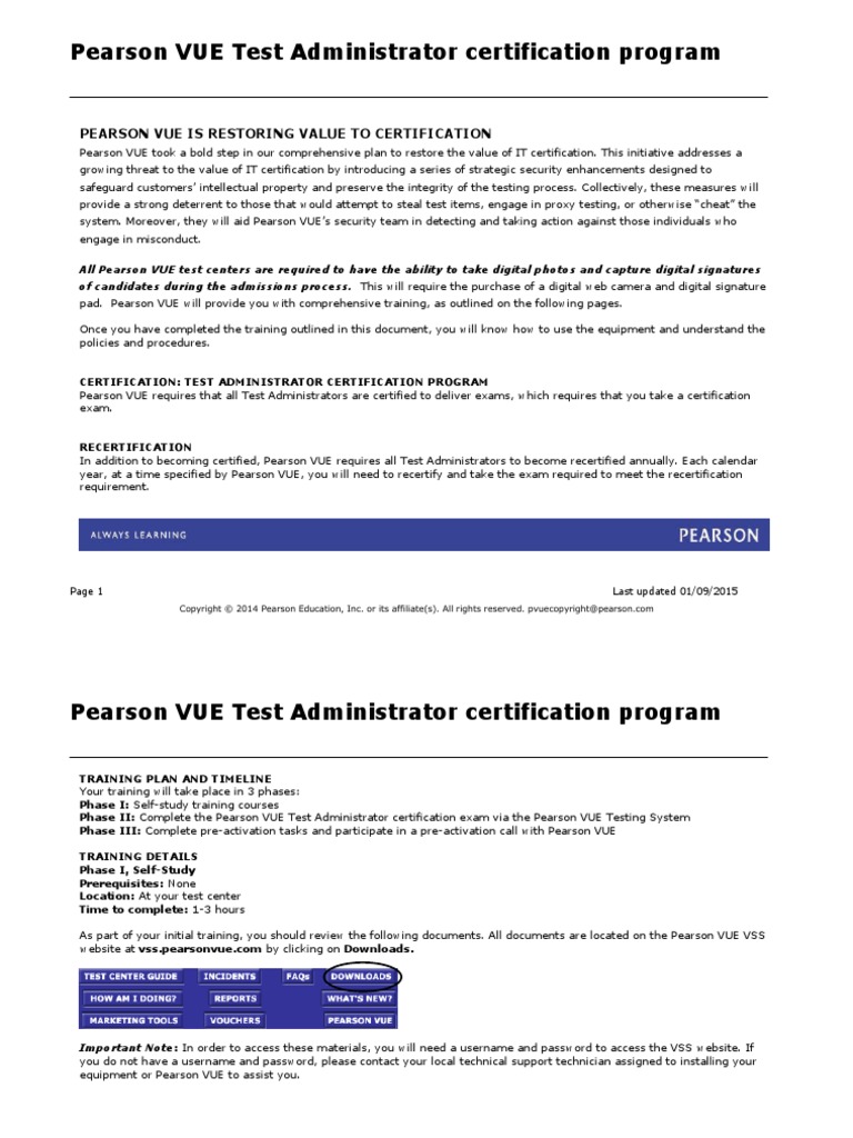 Pearson VUE TA Certification Program Certification Test (Assessment)