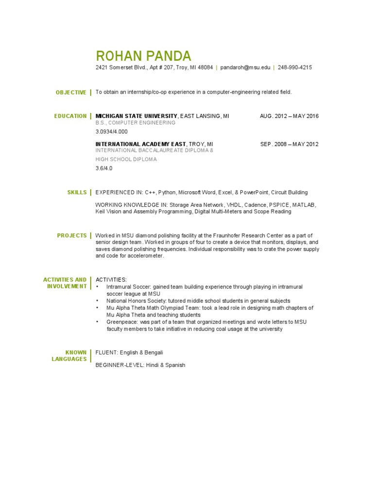 Rohan Panda's Internship Resume | PDF