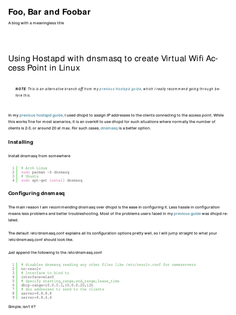 Using Hostapd With Dnsmasq To Create Virtual Wifi Access Point in Linux