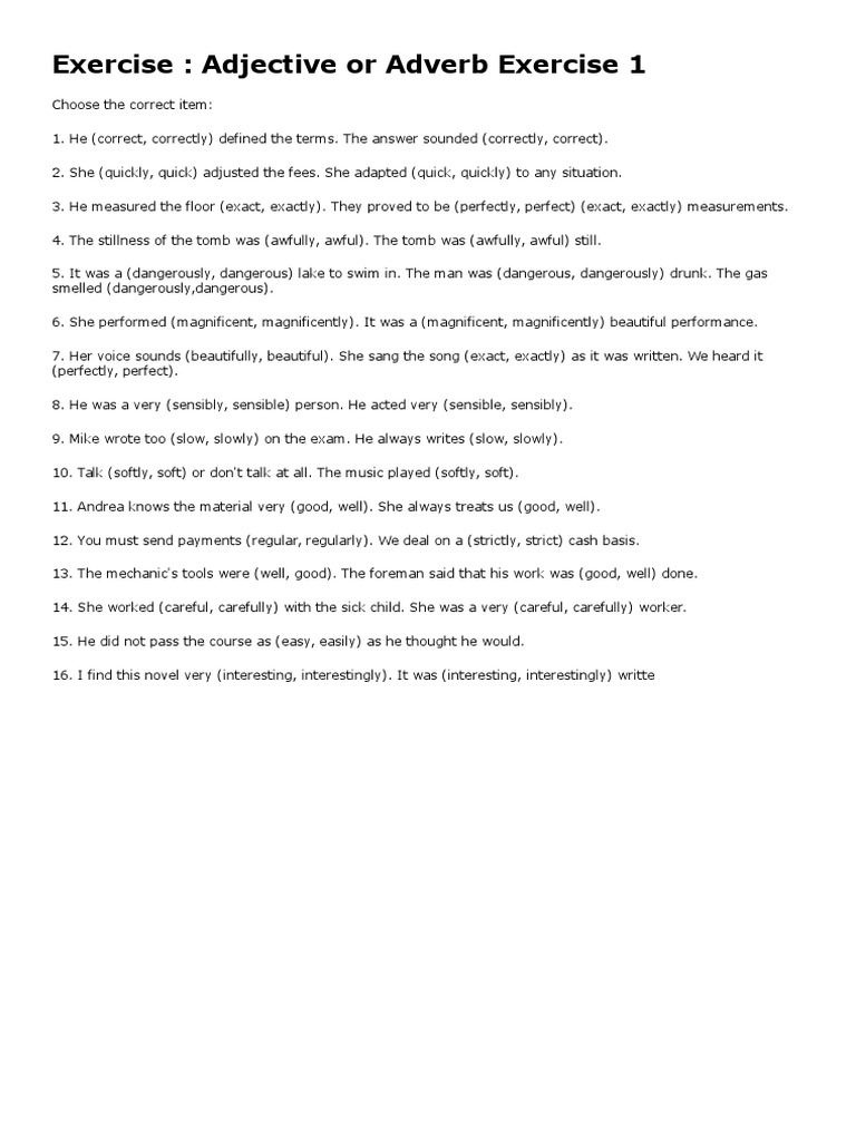 Exercise: Adjective or Adverb Exercise 1 | PDF | Language Arts & Discipline