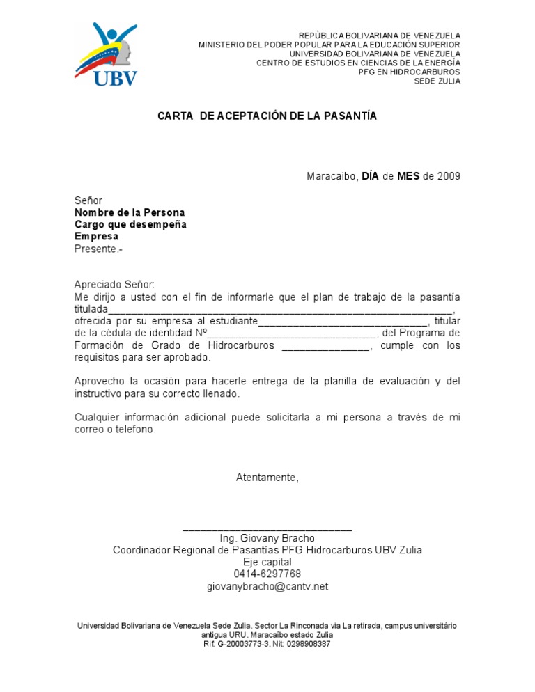 Formato 2b Carta de Aceptacion de Pasantia Por Ubv