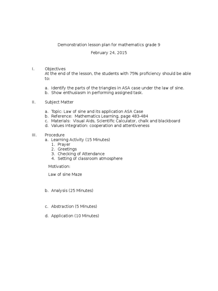 Demonstration Lesson Plan For Mathematics Grade 9 Lesson Plan Pedagogy