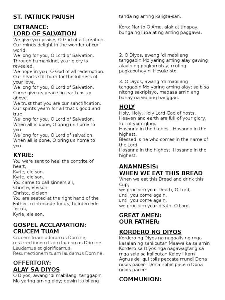 mass songs list Salvation Christian Worship And Liturgy