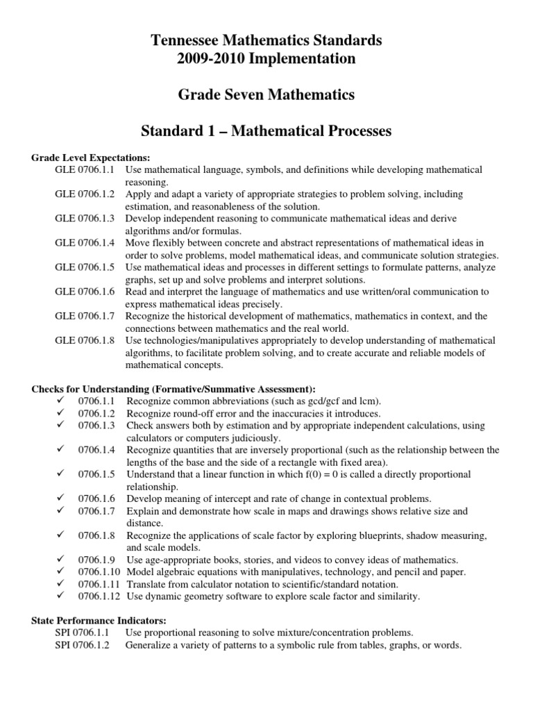 Grade 7 Mathematics TN State Standards Numbers Equations