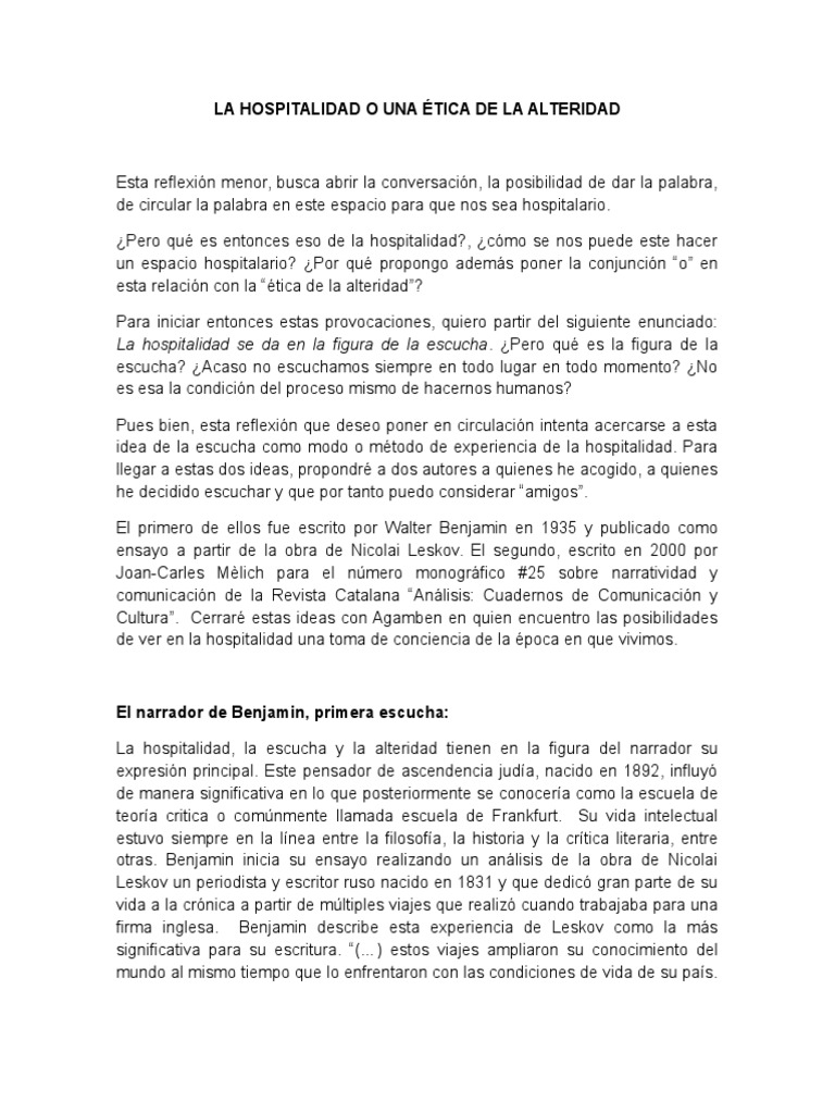 Ética de la Hospitalidad y Escucha | PDF | Ensayos | Consecuencia Lógica