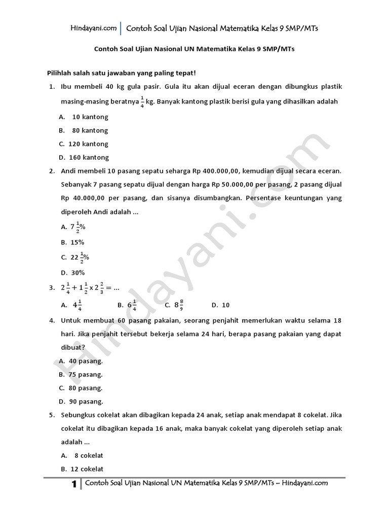Contoh Soal Ujian Nasional Mtk Smp Ujian Nasional