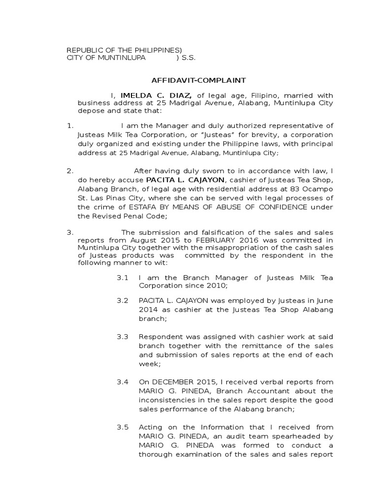 Sample Plaint Affidavit For Estafa Case