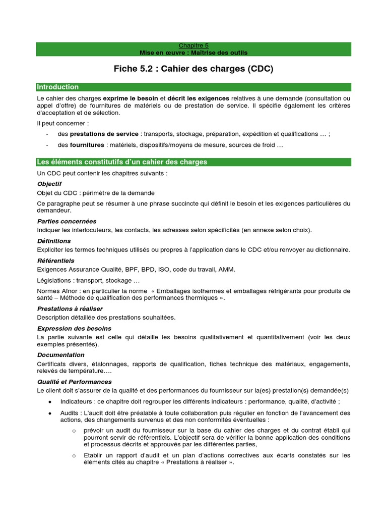 Cahier Des Charges  Management de la qualité  Transport