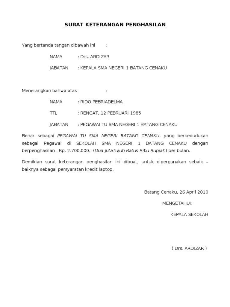 Surat Keterangan Penghasilan