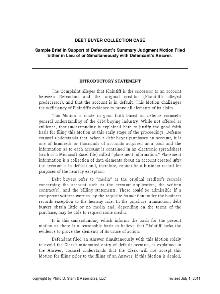 Brief Sample - SJM Debt Buyer Collection Case PDF | PDF | Summary ...