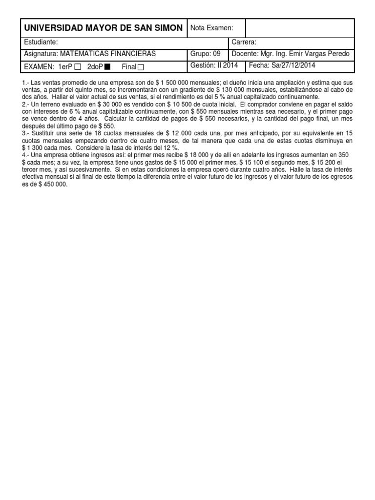 Ejercicios de Matemáticas Financieras | PDF | Finanzas y dinero | Derecho