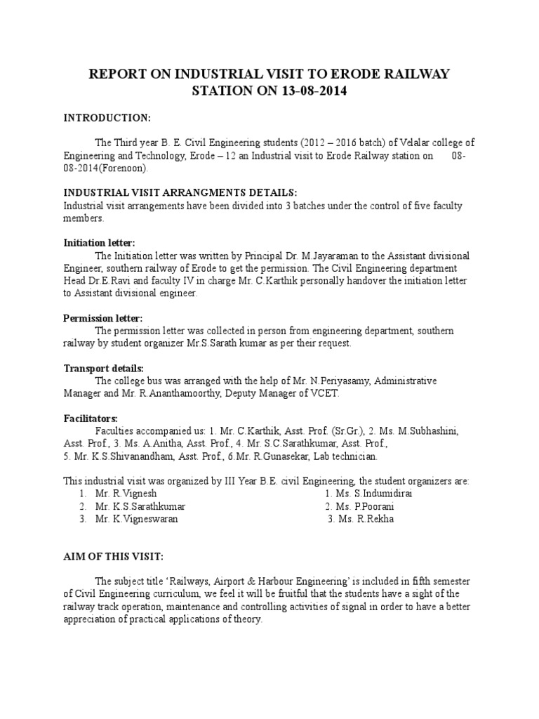 Industrial Visit Report: Erode Railway Station | PDF