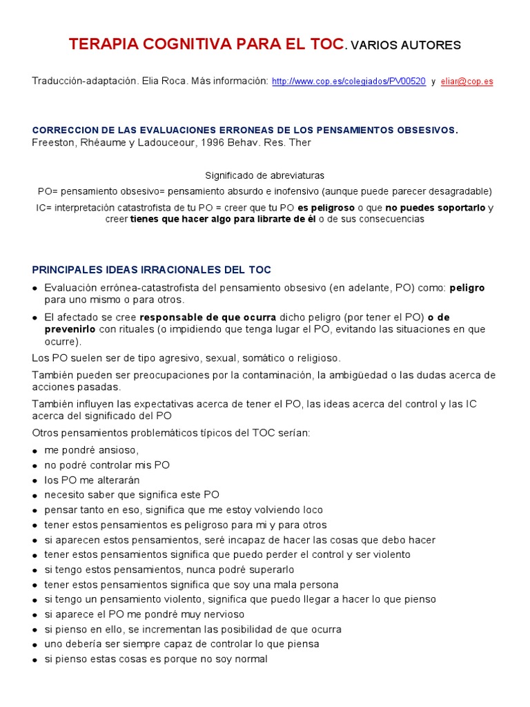 Terapia Cognitiva TOC | PDF | Ansiedad | Certeza