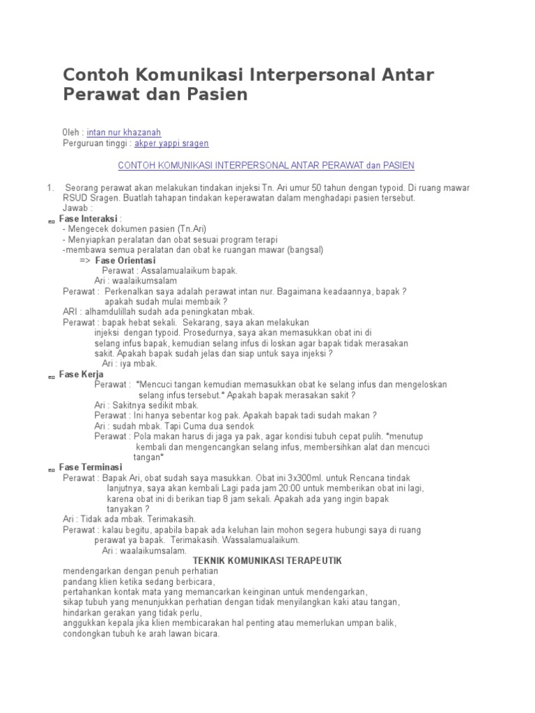 Contoh Komunikasi Interpersonal Antar Perawat Dan Pasien
