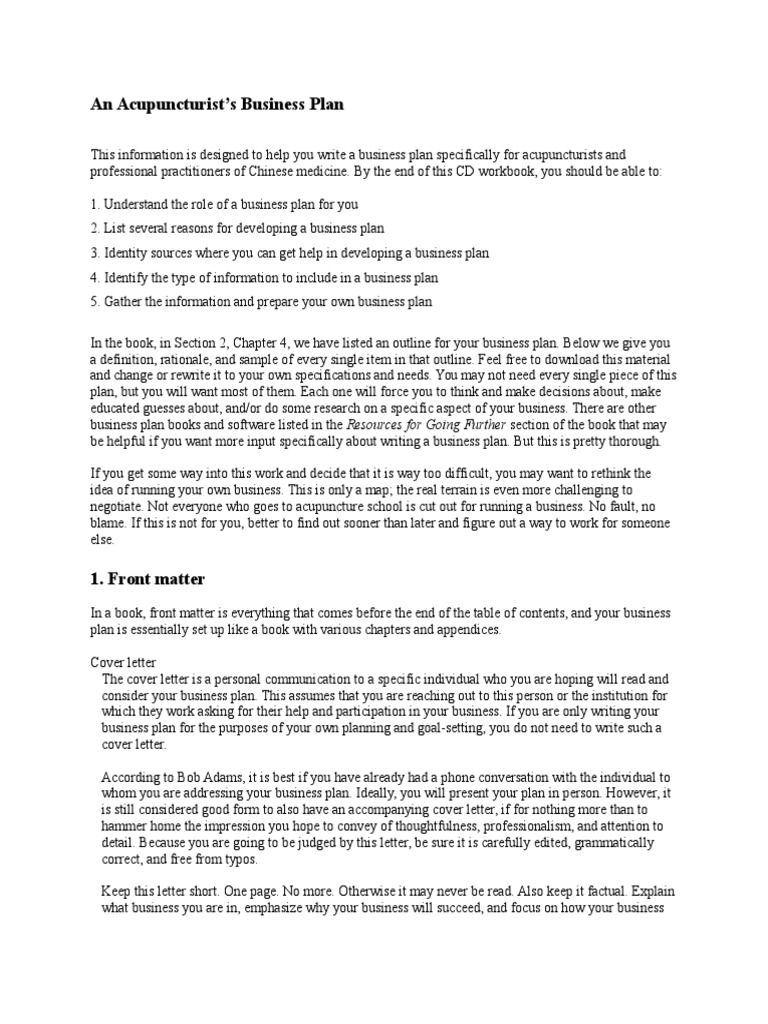 Business Plan Workbook  PDF  Acupuncture  Alternative Medicine Within Acupuncture Business Plan Template