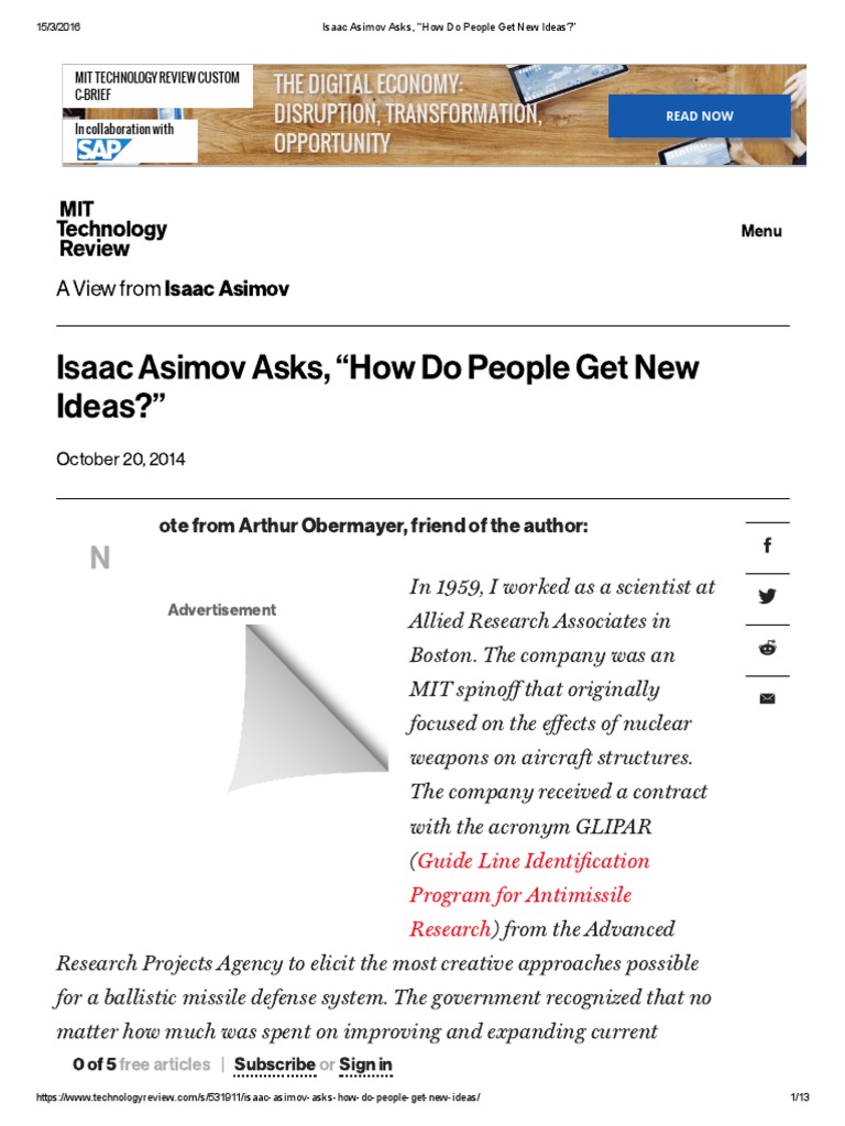 Isaac Asimov Asks "How Do People Get New Ideas" Download Free PDF