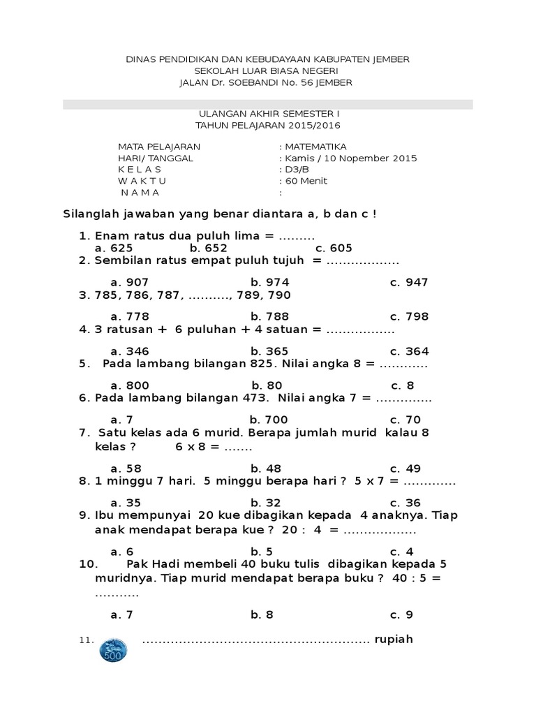 Soal Slb Matematika 3b