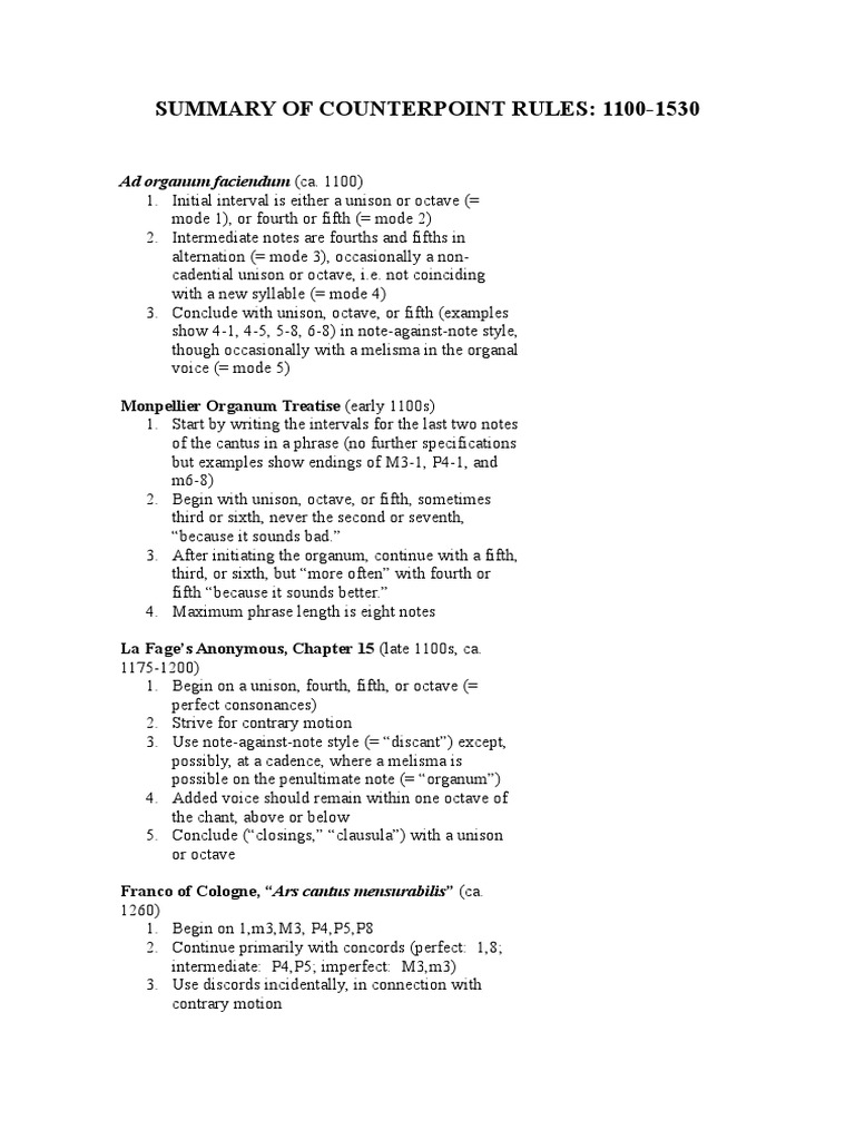 Counterpoint Rules: 1100-1530 Summary | PDF | Pitch (Music) | Musicology