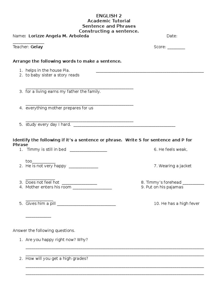 Arrange The Following Words To Make A Sentence PDF
