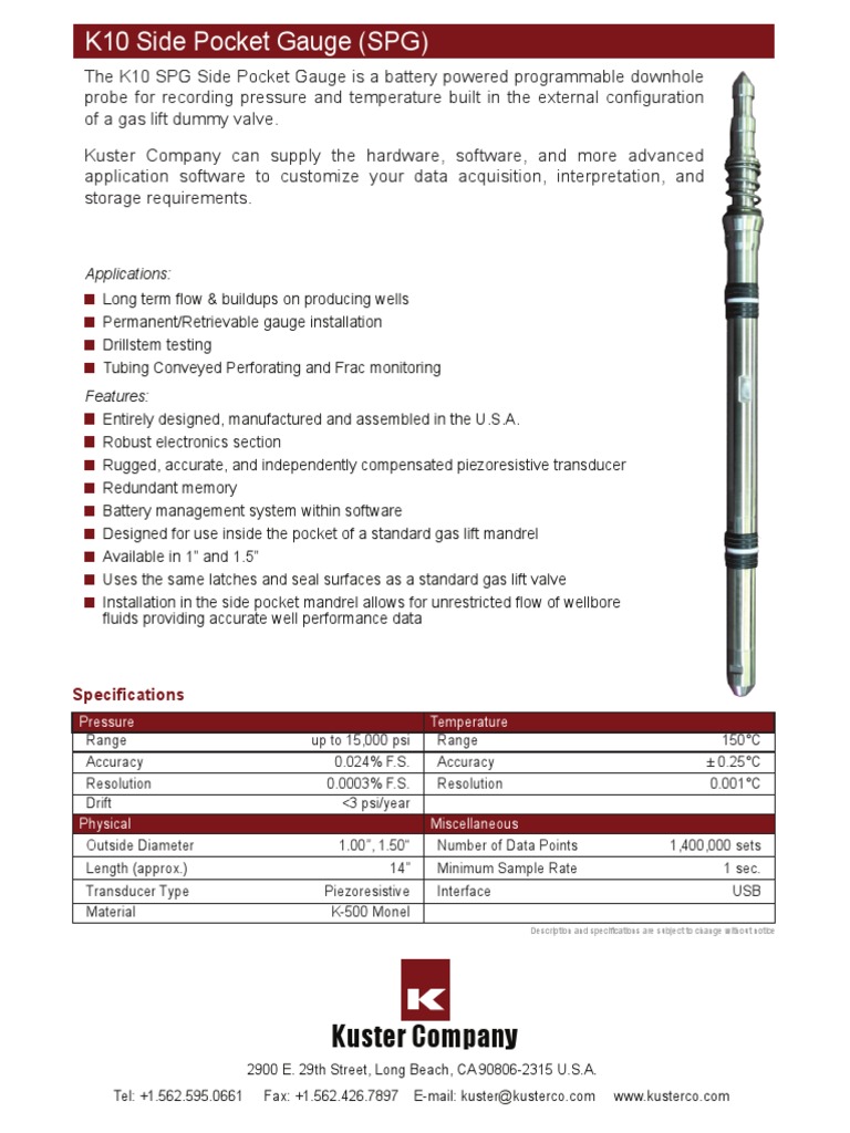 K10 Side Pocket Gauge Specifications | PDF