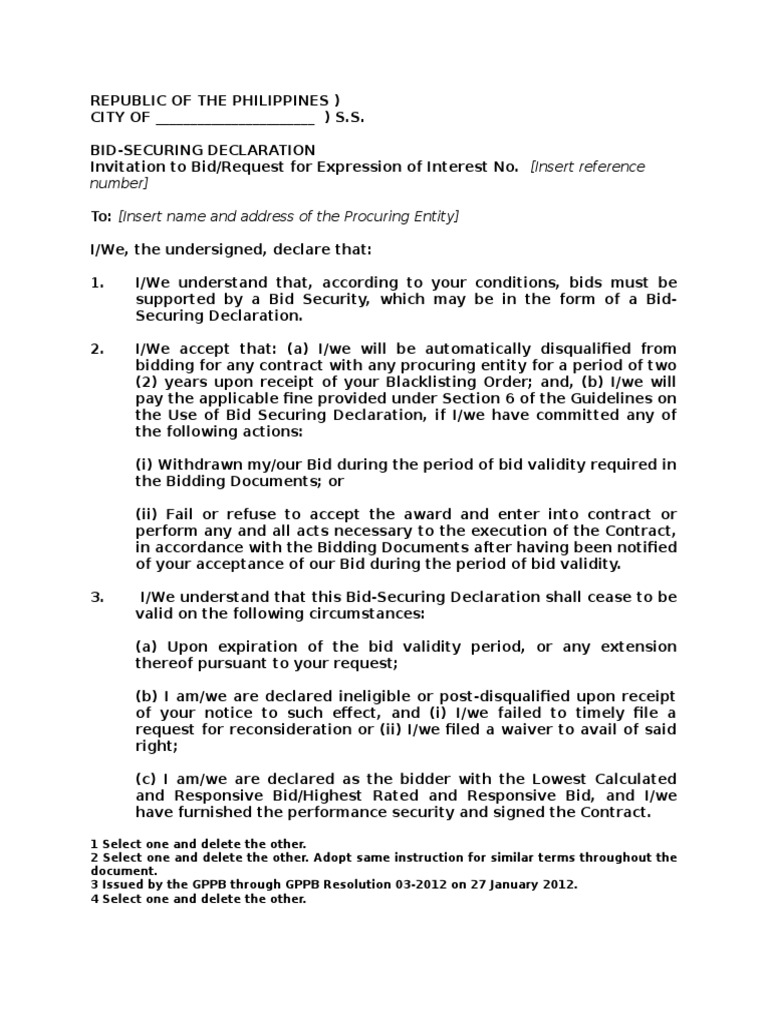 Bid Securing Declaration Sample Form Affidavit Notary Public