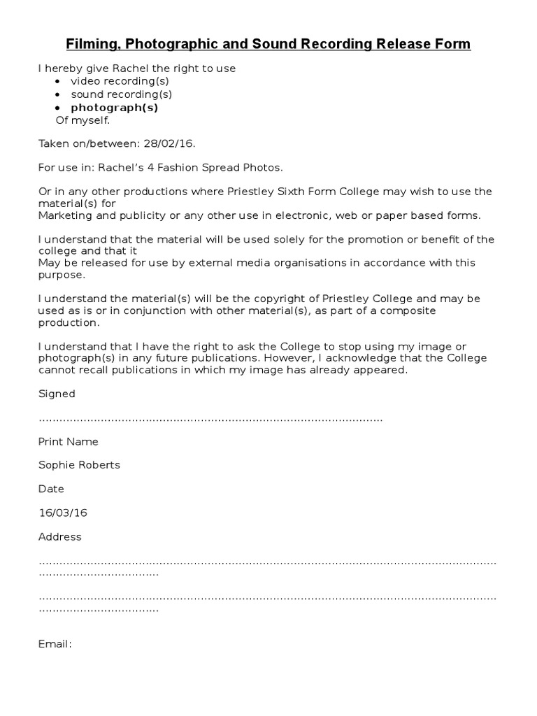 Filming, Photographic and Sound Recording Release Form: Photograph(s ...