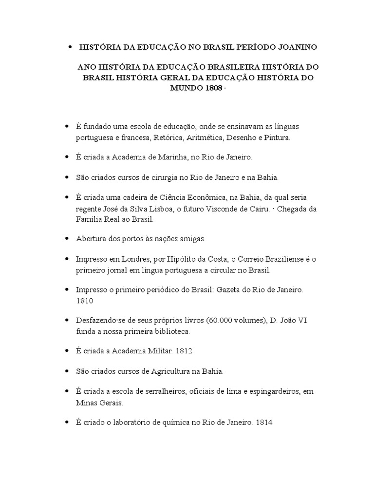 Educação no Brasil: Período Joanino | PDF | Brasil | Portugal