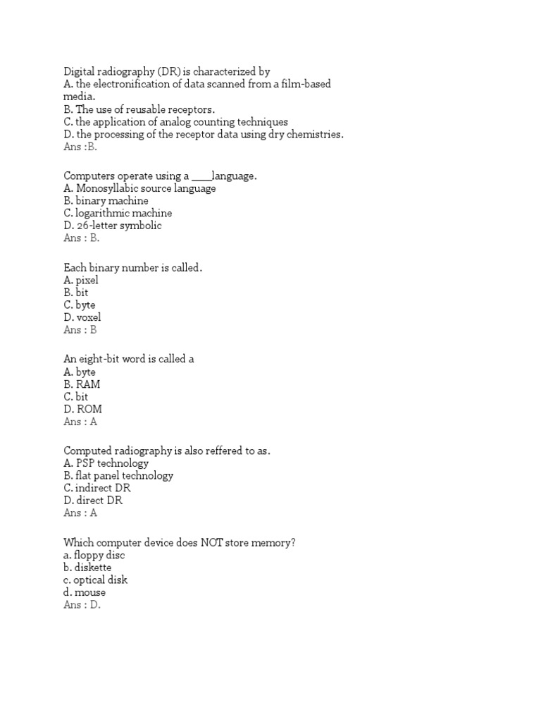Digital Radiography Quiz Important PDF Imaging Digital Technology