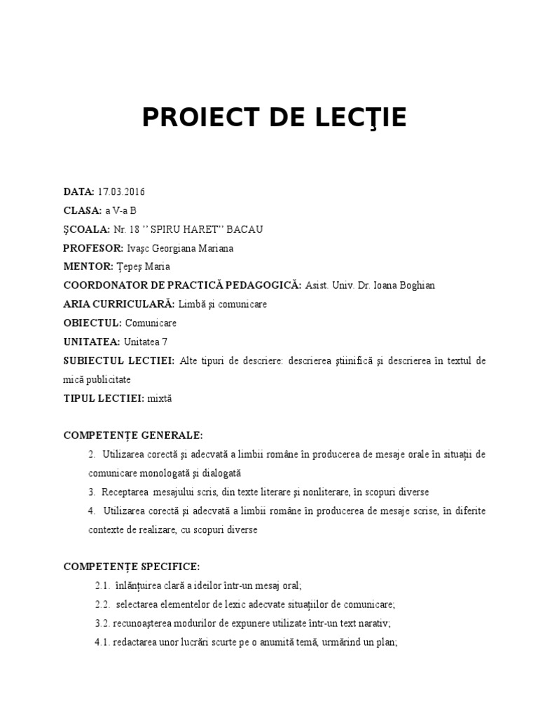 Proiect De Lecţie Descrierea