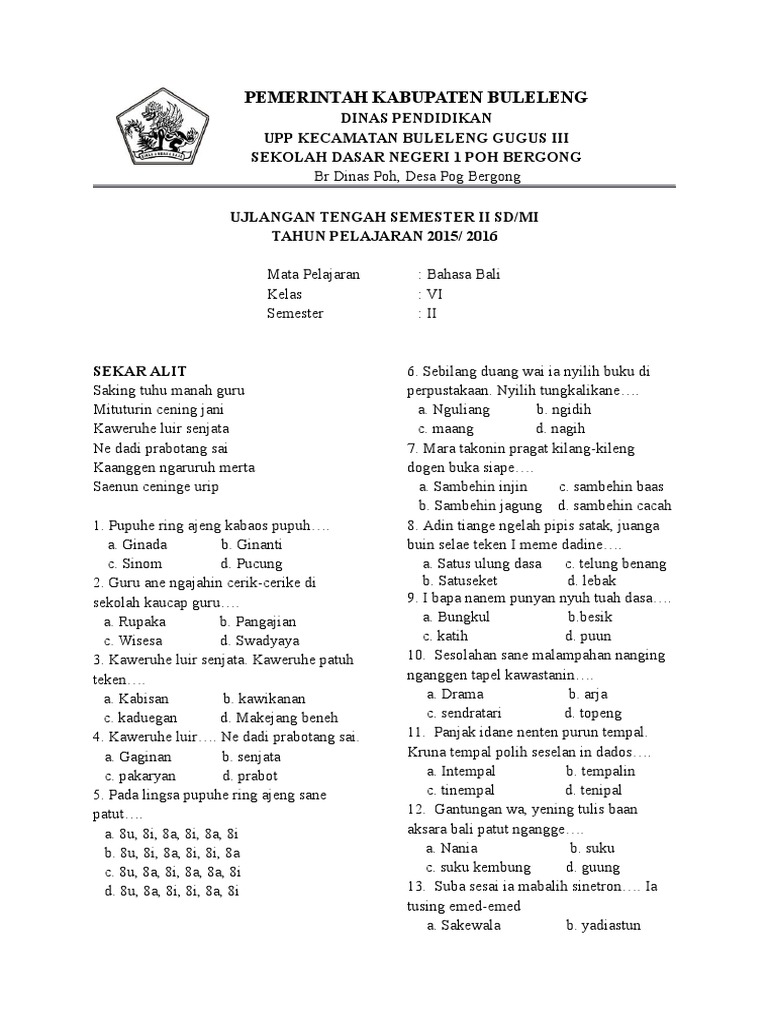 Soal Bahasa Bali Kls Xi Semester 2