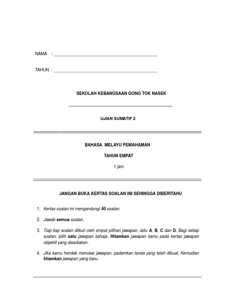 Bahasa Melayu Pemahaman Tahun 4 Kssr